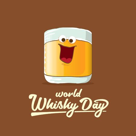 World Whisky Day banner with vector funny cartoon smiling whiskey glass character isolated on brown backgound. whiskey day vector concept illustration. funky hipster alcohol character labelのイラスト素材