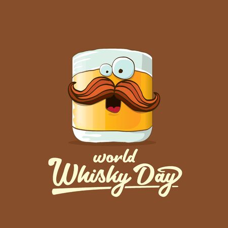 World Whisky Day banner with vector funny cartoon smiling whiskey glass character isolated on brown backgound. whiskey day vector concept illustration. funky hipster alcohol character labelのイラスト素材