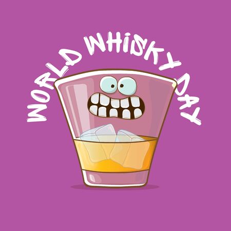 World Whisky Day banner with vector funny cartoon smiling whiskey glass character isolated on violet backgound. whiskey day vector concept illustration. funky hipster alcohol character labelのイラスト素材