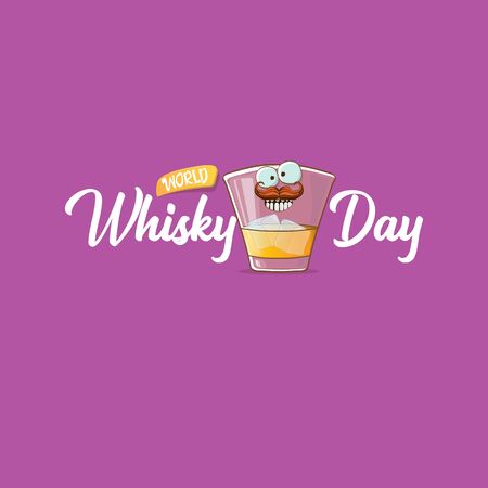World Whisky Day banner with vector funny cartoon smiling whiskey glass character isolated on violet backgound. whiskey day vector concept illustration. funky hipster alcohol character labelのイラスト素材