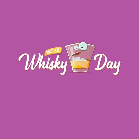 World Whisky Day banner with vector funny cartoon smiling whiskey glass character isolated on violet backgound. whiskey day vector concept illustration. funky hipster alcohol character labelのイラスト素材