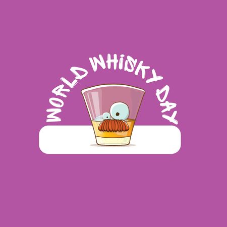 World Whisky Day banner with vector funny cartoon smiling whiskey glass character isolated on violet backgound. whiskey day vector concept illustration. funky hipster alcohol character labelのイラスト素材