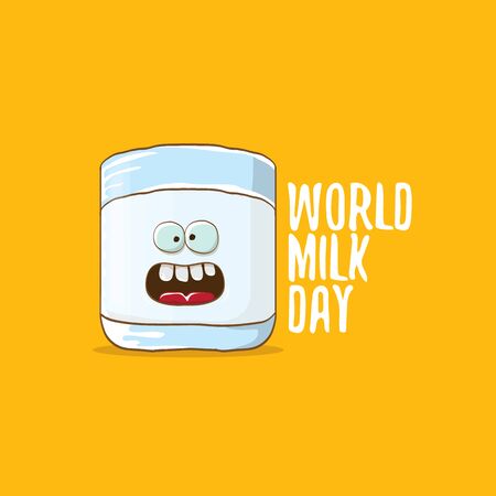 World milk day greeting banner with funny cartoon cute smiling milk glass character isolated on orange background. Happy milk day concept illustration with Kids kawaii food funky character.のイラスト素材
