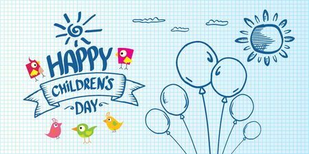 1 june international childrens day cartoon doodle style horizontal banner background. happy Children day greeting cad, icon or label. Cartoon kids day poster. Children day hand drawn banner designのイラスト素材