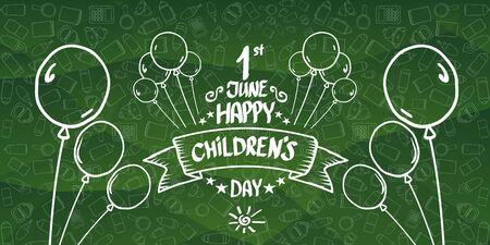 international childrens day cartoon doodle style green horizontal banner background. happy Children day greeting cad, icon or label. Cartoon kids day poster. Children day hand drawn banner designのイラスト素材