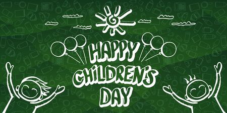 international childrens day cartoon doodle style green horizontal banner background. happy Children day greeting cad, icon or label. Cartoon kids day poster. Children day hand drawn banner designのイラスト素材