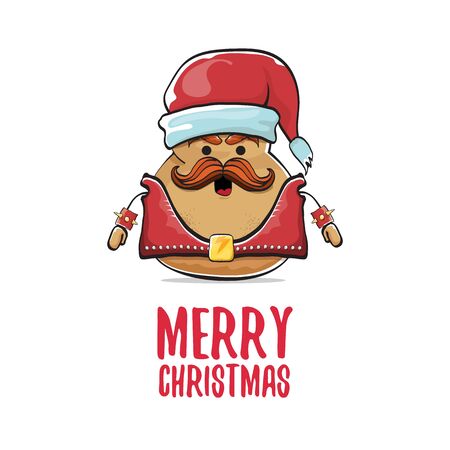 vector rock star santa potato funny cartoon cute character with with red santa hat and calligraphic merry christmas text isolated on white background. rock n roll christmas party posterのイラスト素材