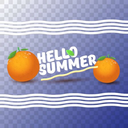 Vector Hello Summer label Design template with fresh orange fruit isolated on transparent background. Hello summer concept label or poster with fruit and letternig textのイラスト素材