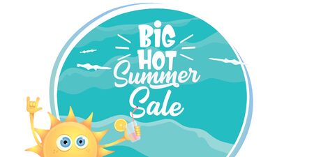 summer sale horizontal web banner or vector label with summer happy sun character holding cocktailのイラスト素材