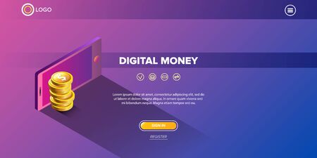Vector Mock-up design of website or landing page. concept digital marketing background. vector digital mobile money walletのイラスト素材