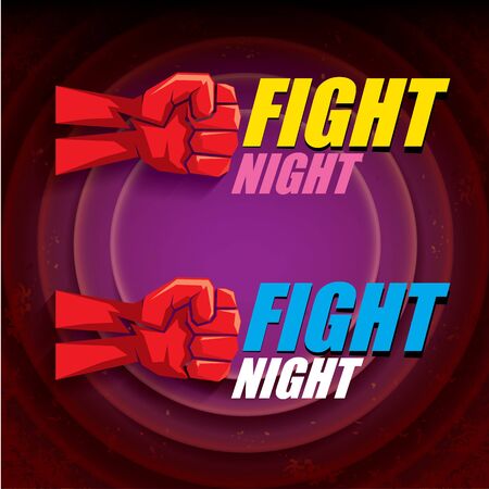 Fight night vector modern poster with text and strong fist. mma, wrestling or fight club emblem design template. fight label isolated on black backgroundのイラスト素材