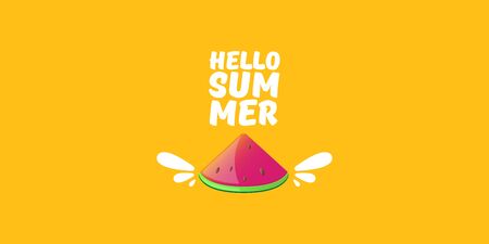Vector Hello Summer Beach Party horizontal banner Design template with fresh watermelon slice isolated on orange background. Hello summer concept label or poster with fruit and typographic text.のイラスト素材
