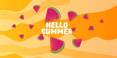 Vector Hello Summer Beach Party horizontal banner Design template with fresh watermelon slice isolated on orange background. Hello summer concept label or poster with fruit and typographic text.のイラスト素材
