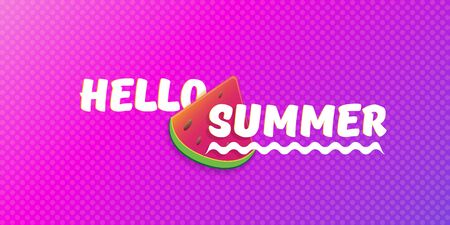Vector Hello Summer Beach Party horizontal banner Design template with fresh watermelon slice isolated on violet background. Hello summer concept label or poster with fruit and typographic text.のイラスト素材