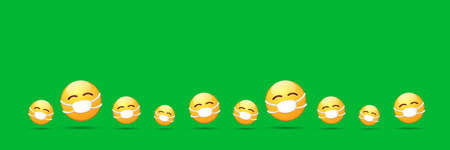 Vector Emoji nurse stickers set with mouth medical protection mask isolated on green horizontal background. Yellow smile face character with white surgeon mask. Self isolation concept ilustrationのイラスト素材