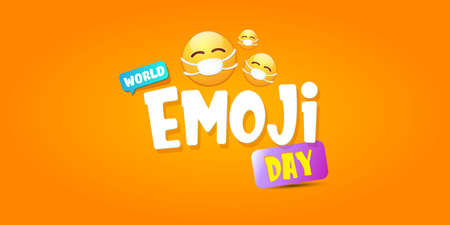 World emoji day horizontal banner with smile face Emoji sticker with mouth medical protection mask isolated on orange background.のイラスト素材