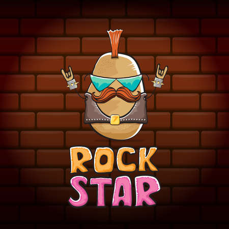 vector funny cartoon cute punk rock star potato character with Iroquois isolated on brick wall background. ROck star vector concept print. rock n rock hipster vegetable funky characterのイラスト素材