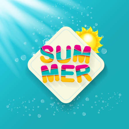 vector special offer summer label design template . Summer sale banner or badge with beautiful sun and calligraphic text on azure background with sun lightsのイラスト素材