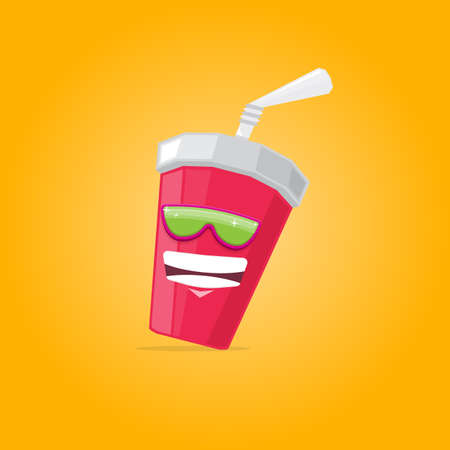 vector funny cartoon cute red party paper cola cup with straw and sunglasses isolated on orange background. funky smiling summer drink characterのイラスト素材