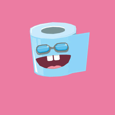 vector funny cartoon toilet paper roll character with sunglasses isolated on pink background. funky smiling kawaii tolet paper roll characterのイラスト素材