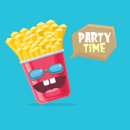 vector funny cartoon french fries potato box character with sunglasses isolated on blue background. funky smiling food characterのイラスト素材