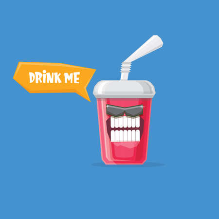 vector funny cartoon cute red party paper cola cup with straw and sunglasses isolated on blue background. funky smiling summer drink characterのイラスト素材