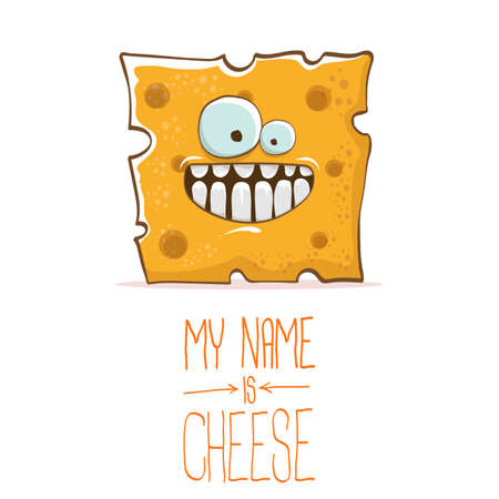 vector funny cartoon cute orange cheese character isolated on white background. My name is cheese. food funky characterのイラスト素材