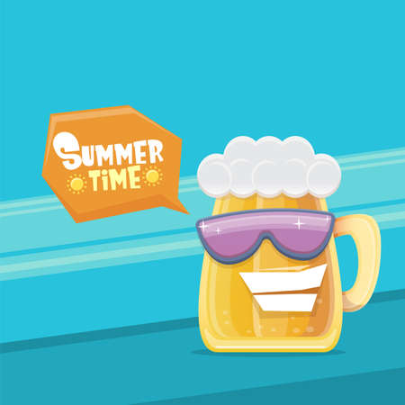 vector cartoon funky beer glass character with sunglasses isolated on blue background. Vector funny beer label or poster design template. International beer day cartoon comic poster or greeting bannerのイラスト素材