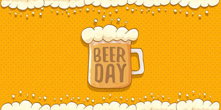 international beer day horizontal banner or poster with beer glass isolated on abstract orange beer background with foam frame. Happy beer day vintage hand drawn greeting card or flyerのイラスト素材