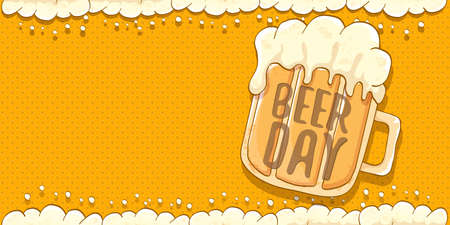 international beer day horizontal banner or poster with beer glass isolated on abstract orange beer background with foam frame. Happy beer day vintage hand drawn greeting card or flyerのイラスト素材