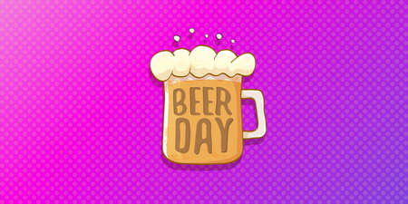 international beer day horizontal banner or poster with beer glass isolated on abstract violet background . Happy beer day vintage hand drawn greeting card or flyerのイラスト素材