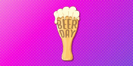 international beer day horizontal banner or poster with beer glass isolated on abstract violet background . Happy beer day vintage hand drawn greeting card or flyerのイラスト素材