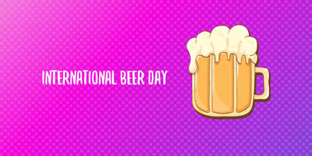international beer day horizontal banner or poster with beer glass isolated on abstract violet background . Happy beer day vintage hand drawn greeting card or flyerのイラスト素材