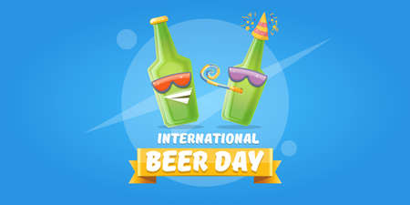 Happy international beer day horizonatal banner with cartoon funny beer bottles friends characters with sunglasses isolated on blue background. International beer day cartoon comic posterのイラスト素材