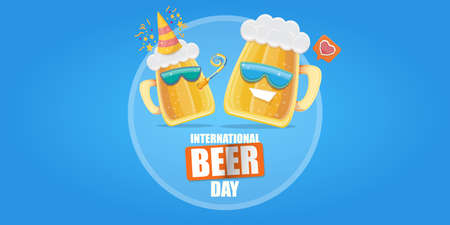 Happy international beer day horizonatal banner with cartoon funny beer glass friends characters with sunglasses isolated on blue background. International beer day cartoon comic posterのイラスト素材