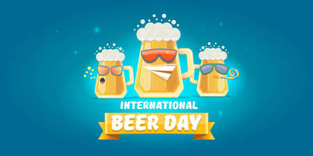 Happy international beer day horizonatal banner with cartoon funny beer glass friends characters with sunglasses isolated on blue background. International beer day cartoon comic posterのイラスト素材