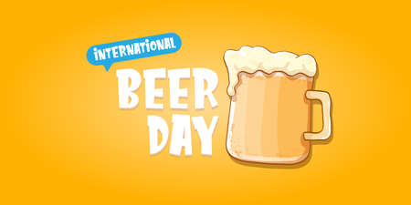 international beer day horizontal banner or poster with beer glass isolated on orange beer background . Happy beer day vintage hand drawn greeting card or flyerのイラスト素材