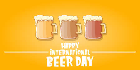 international beer day horizontal banner or poster with beer glass isolated on orange beer background . Happy beer day vintage hand drawn greeting card or flyerのイラスト素材