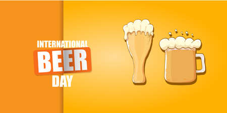 international beer day horizontal banner or poster with beer glass isolated on orange beer background . Happy beer day vintage hand drawn greeting card or flyerのイラスト素材