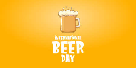 international beer day horizontal banner or poster with beer glass isolated on orange beer background . Happy beer day vintage hand drawn greeting card or flyerのイラスト素材