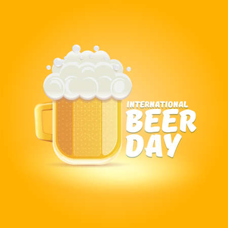 international beer day banner or poster with beer glass isolated on orange beer background . Happy beer day label or greeting cardのイラスト素材