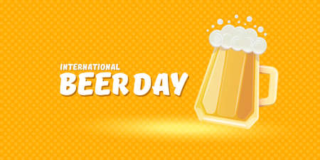 Cartoon international beer day horizontal banner or poster with beer glass isolated on light yellow beer background . Happy beer day label or horizontal greeting flyer cardのイラスト素材