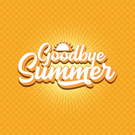 White goodbye summer vector concept text label or sticker on orange summer background with sun lightsのイラスト素材