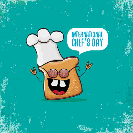 International chef day greeting card or banner with vector funny cartoon chef bread with chef hat isolated on azure background.のイラスト素材