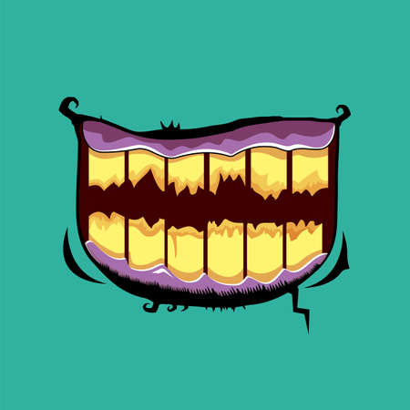 Vector cartoon funny zombie monster mouth with rotten teeth isolated on an azure background. Vector happy Halloween kids t-shirt design template with funky monster mouthのイラスト素材