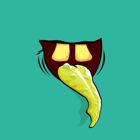 Vector cartoon funny zombie monster mouth with rotten teeth and green tongue isolated on an azure background. Vector happy Halloween kids t-shirt design template with funky monster mouthのイラスト素材