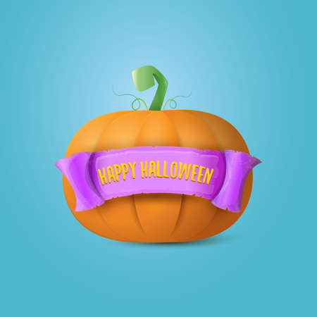Happy Halloween creative greeting card or icon with big orange realistic vector pumkin and ribbon on azure background . Funky kids Halloween banner or label with halloween text .のイラスト素材