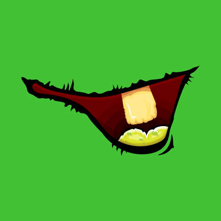 Vector cartoon funny zombie monster mouth with rotten teeth isolated on green background. Vector happy Halloween kids t-shirt design template with funky monster mouthのイラスト素材