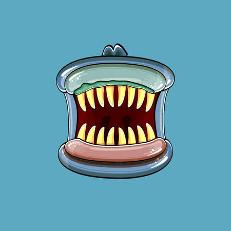 Vector cartoon funny silly zombie monster mouth with rotten teeth isolated on a blue background....