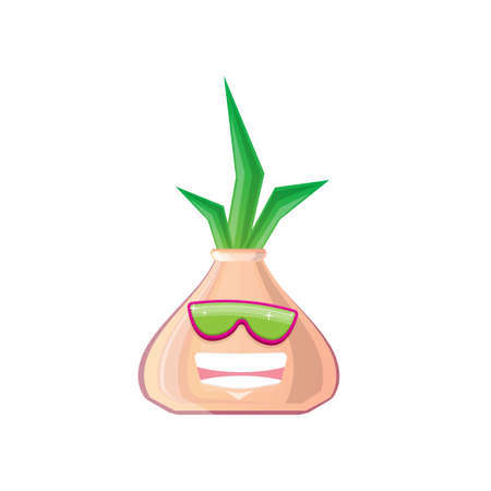 vector funny cartoon onion character with sunglasses isolated on white background. funky smiling autumn vegetable characterのイラスト素材